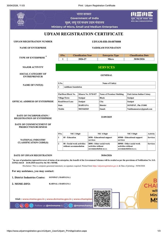 Udyam (MSME) Registration Certificate — Vaidikam Foundation