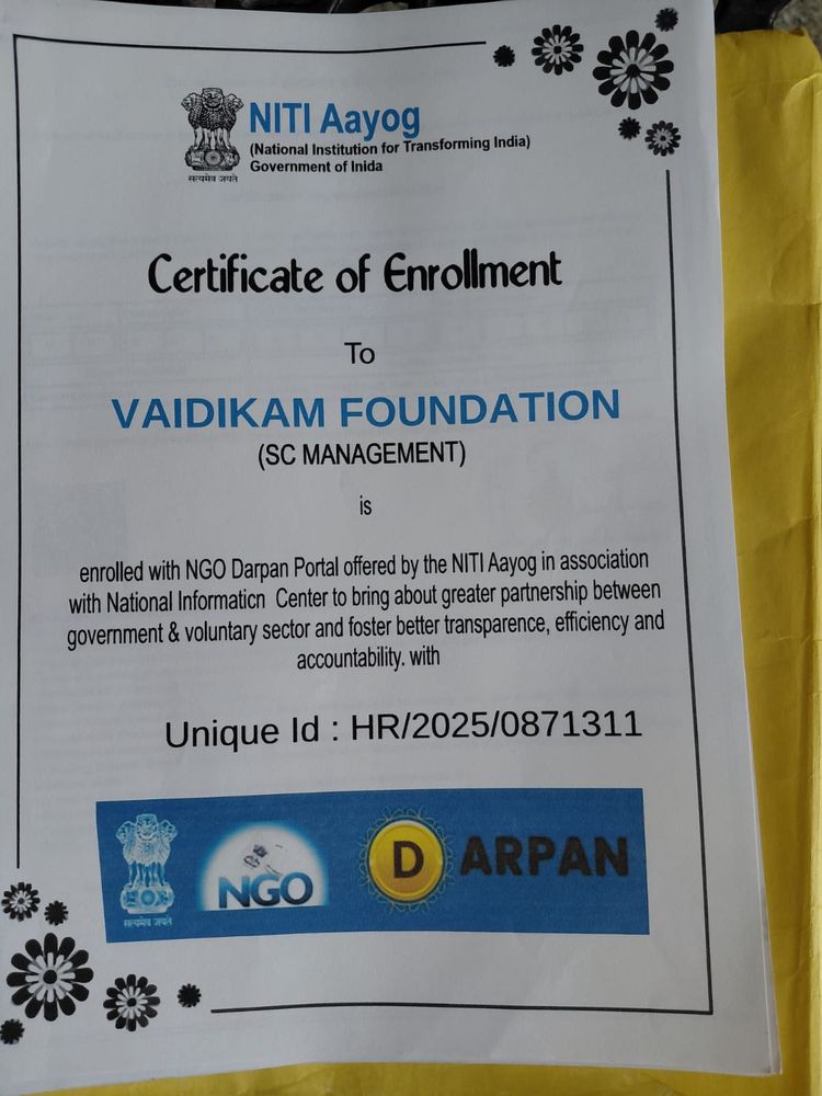 NGO Darpan Certificate of Enrollment — Vaidikam Foundation