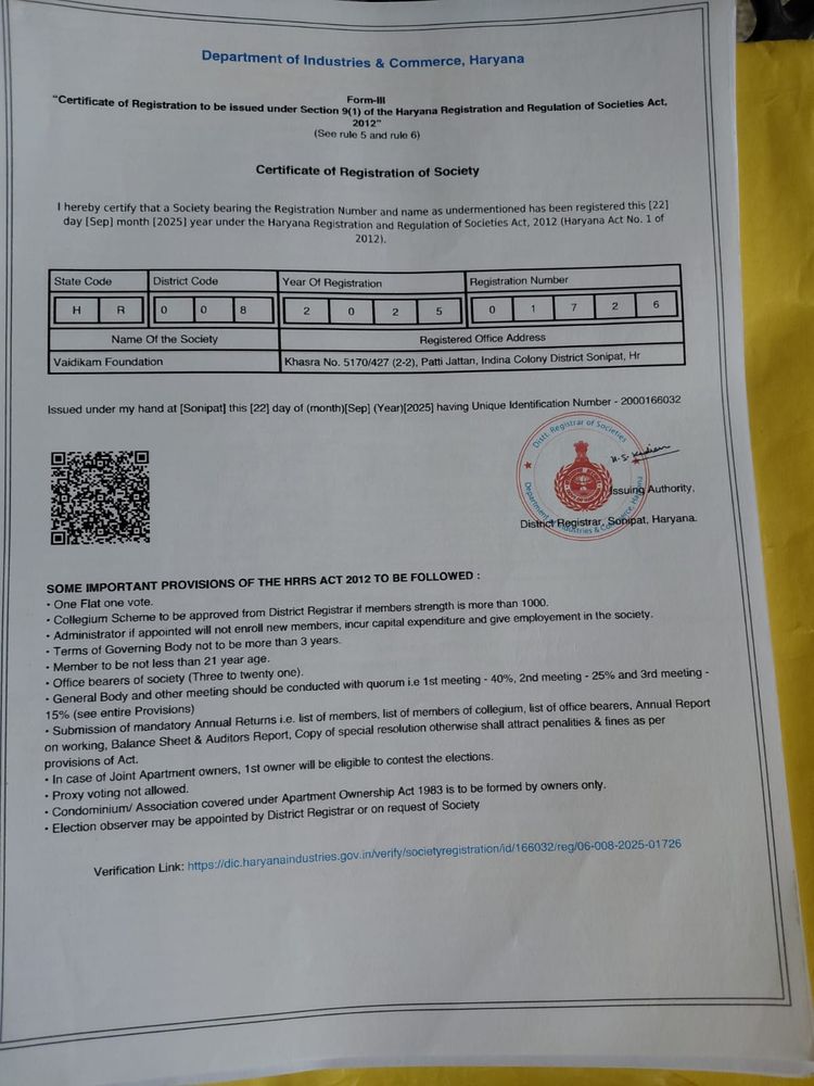 Certificate of Registration of Society — Vaidikam Foundation